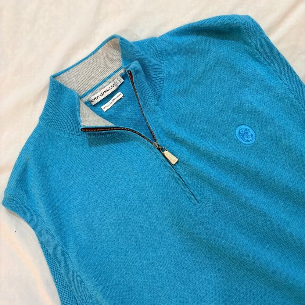 Peter Millar Mens Blue Cotton Cashmere Quarter Zip Sweater Vest Large Golf‎ Logo